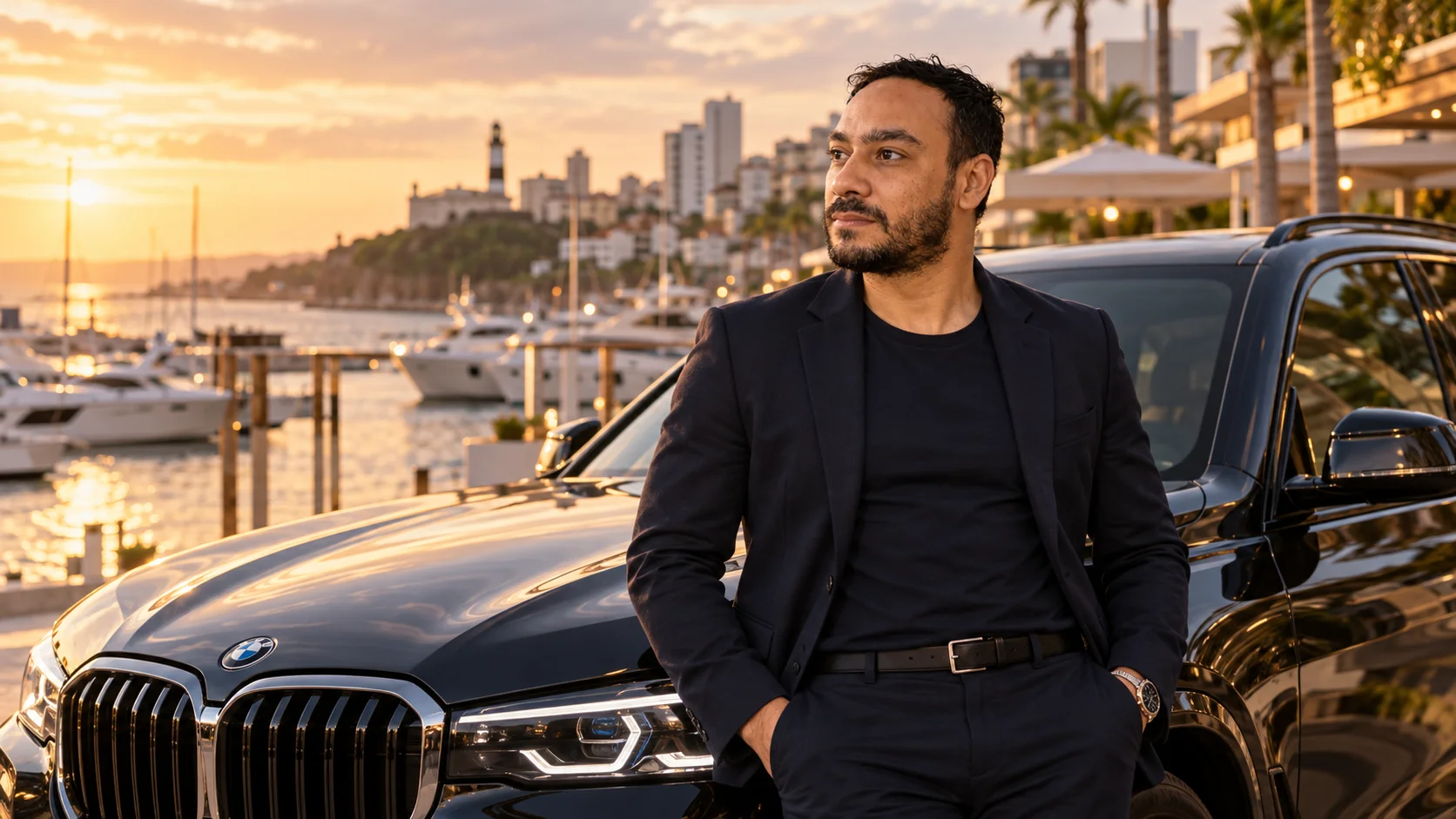 Cena conceitual de Eduardo ao lado de um BMW em uma marina ao pôr do sol