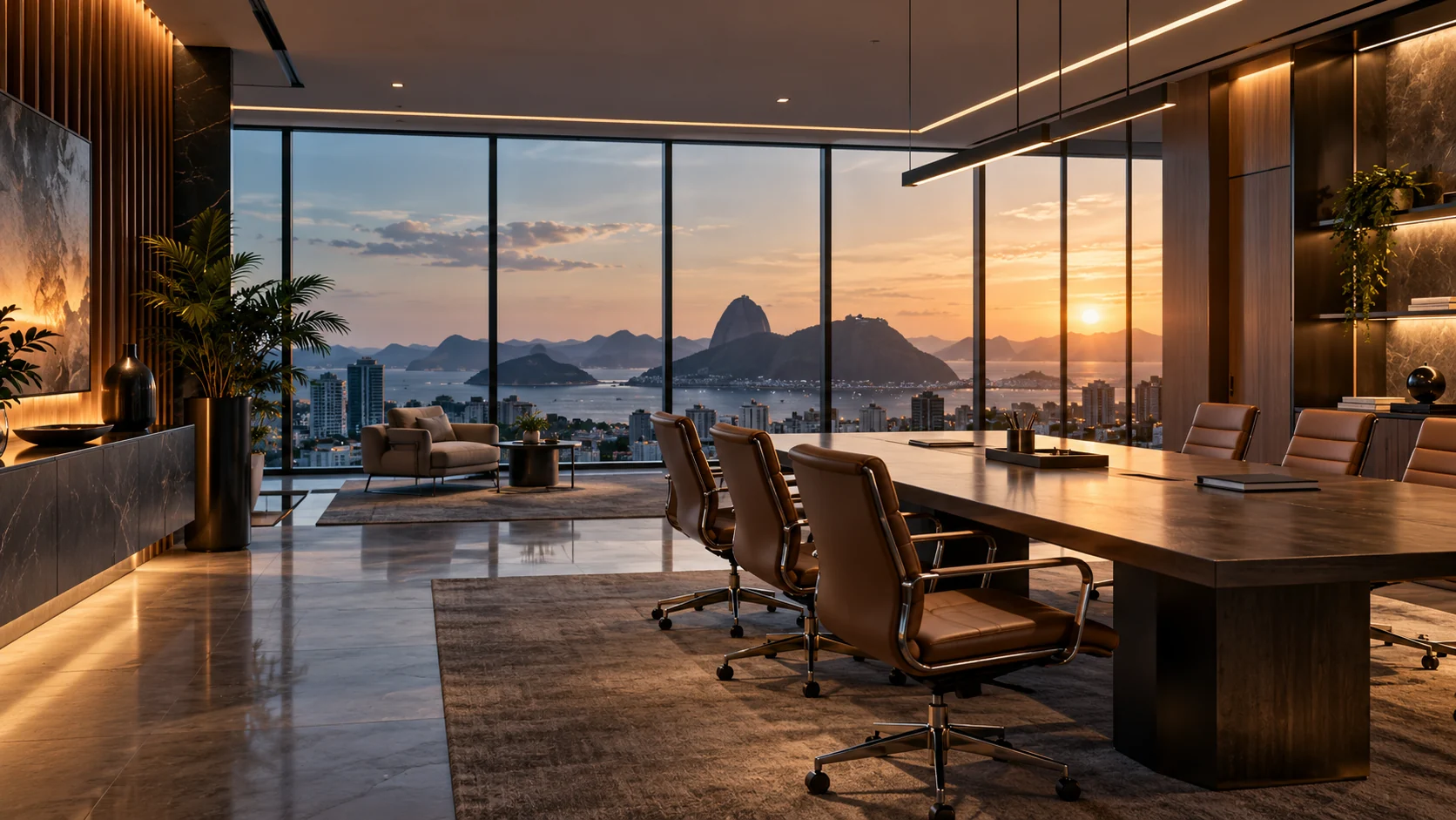 Ambiente executivo conceitual com luz natural e mesa de reunião