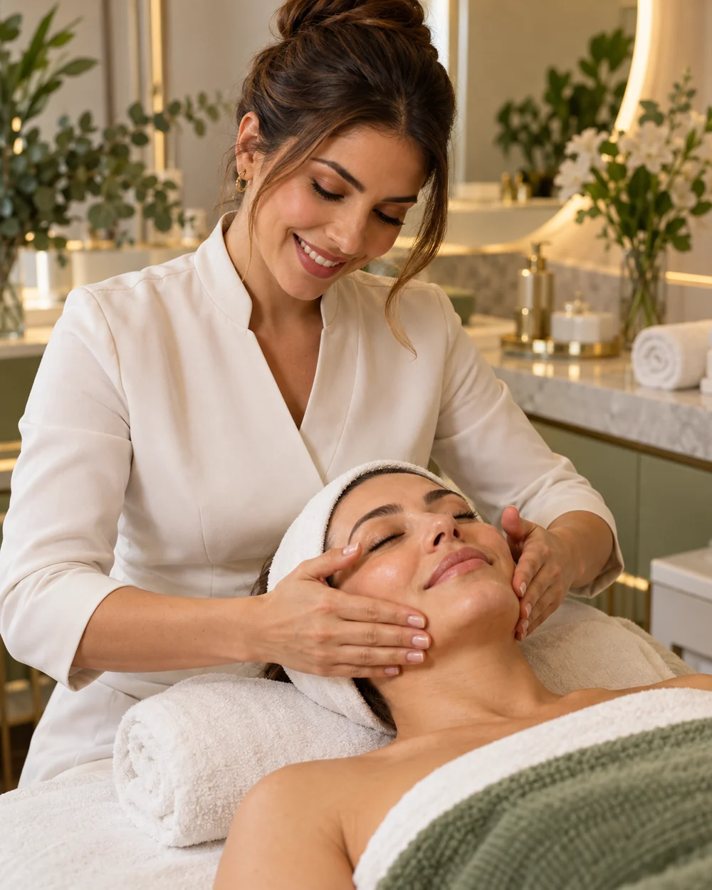 Cena conceitual de cuidado facial não invasivo; profissional e cliente adultas
