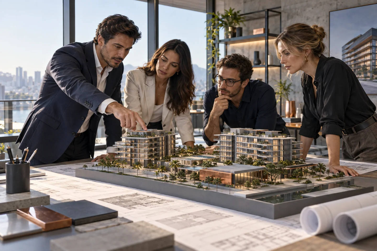 Equipe analisando uma maquete física de empreendimento