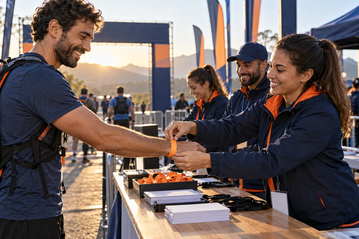 Equipe de evento atendendo participante adulto na área de largada