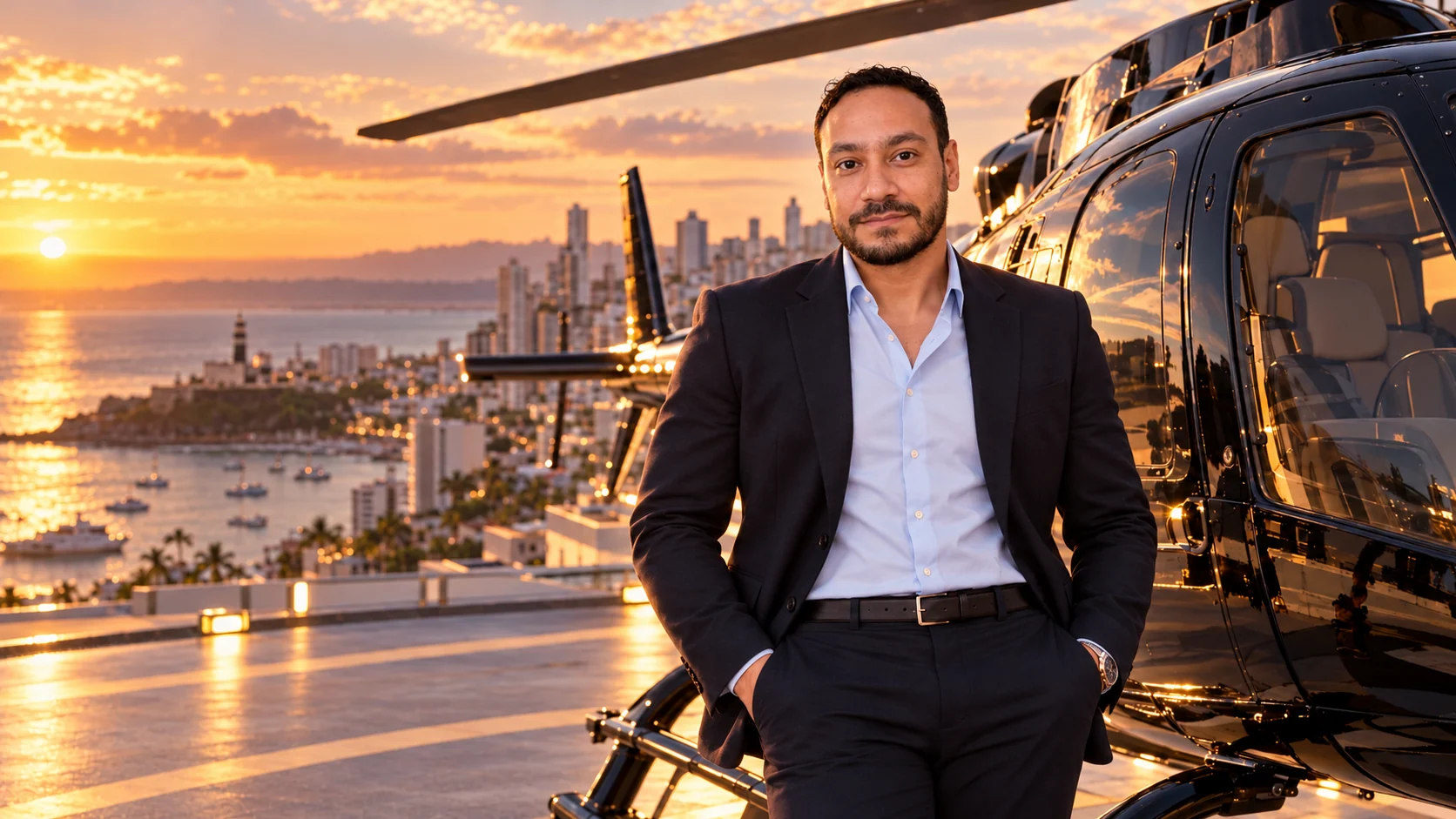 Cena conceitual de Eduardo junto a um helicóptero em heliponto ao pôr do sol, com vista para Salvador